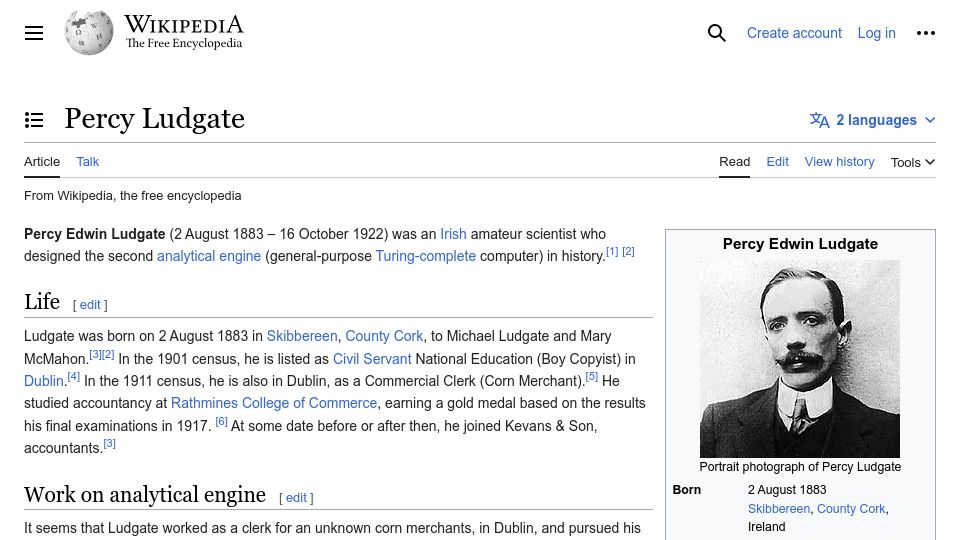 Screenshot of en.wikipedia.org: Percy Ludgate