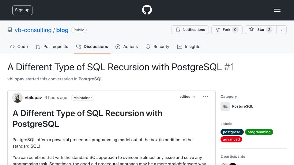 Screenshot of github.com: A Different Type of SQL Recursion with PostgreSQL