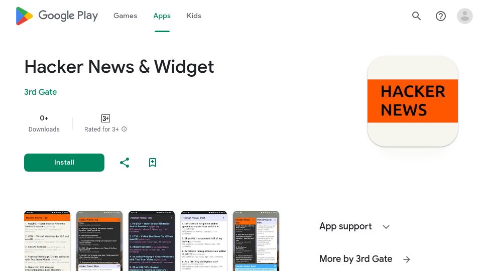 Screenshot of play.google.com: Show HN: Android Hacker News Widget and App