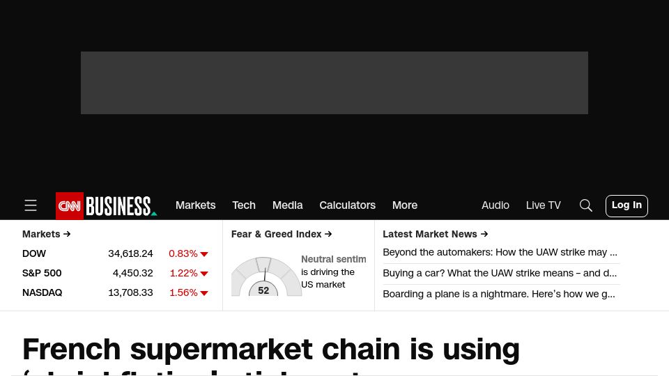 Screenshot of cnn.com: French supermarket using ‘shrinkflation’ stickers to pressure PepsiCo and others