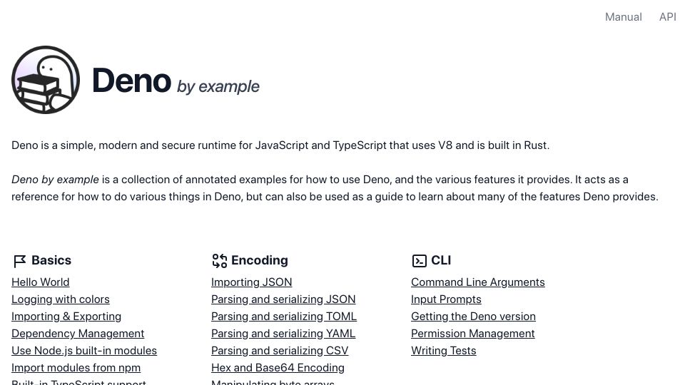 Screenshot of examples.deno.land: Deno by Example