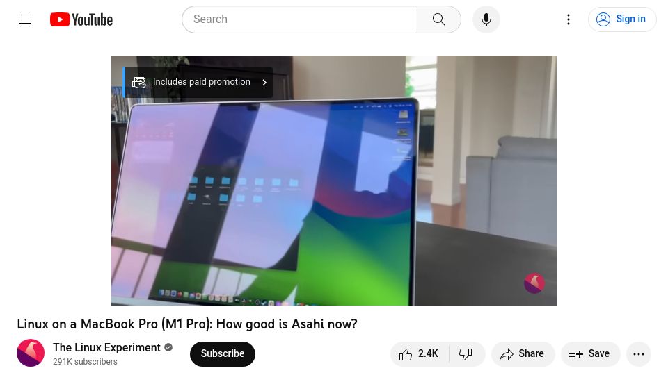 Screenshot of youtube.com: Linux on a MacBook Pro (M1 Pro): How Good Is Asahi Now?