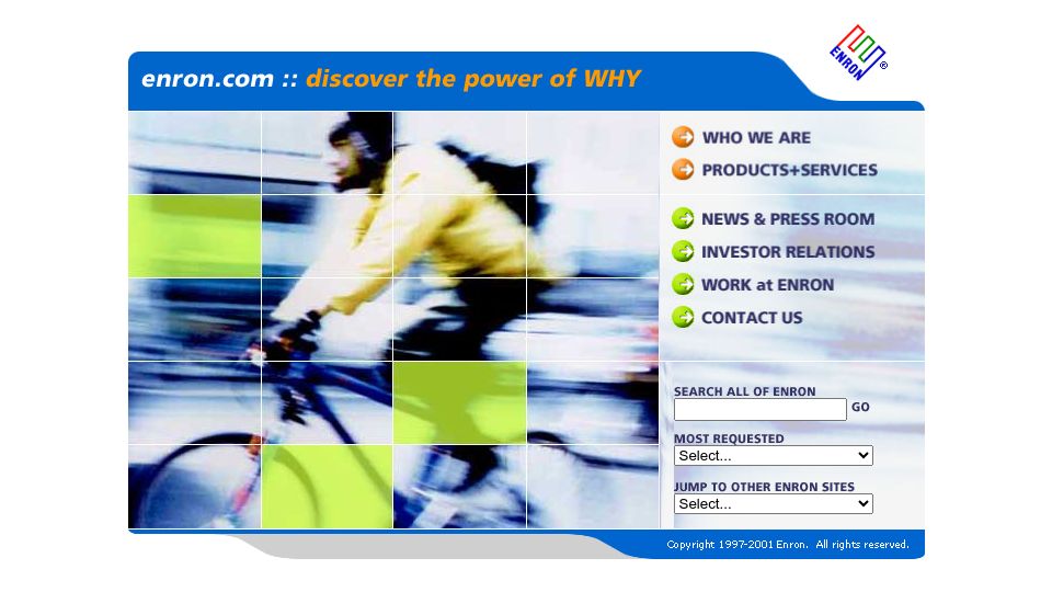 Screenshot of enroncorp.com: enron :: discover the power of WHY (2001)