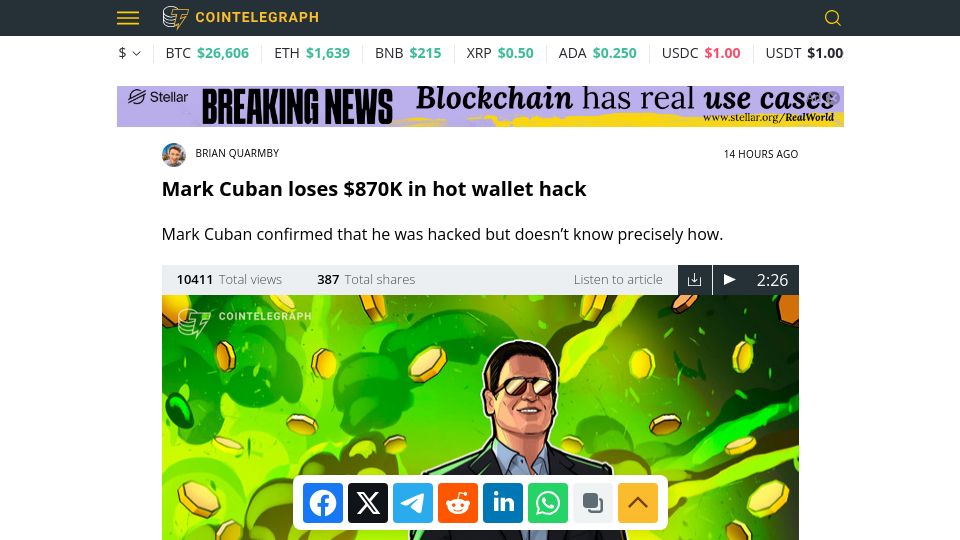 Screenshot of cointelegraph.com: Mark Cuban loses $870K in hot wallet hack
