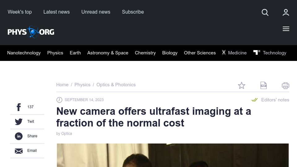 Screenshot of phys.org: New camera offers ultrafast imaging at a fraction of the normal cost