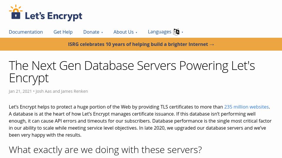 Screenshot of letsencrypt.org: The database servers powering Let's Encrypt (2021)