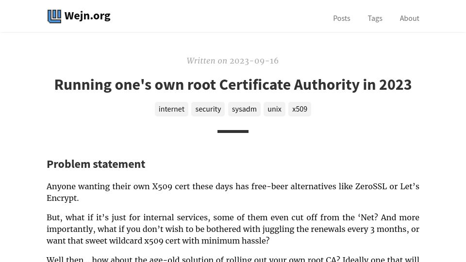 Screenshot of wejn.org: Running one’s own root Certificate Authority in 2023
