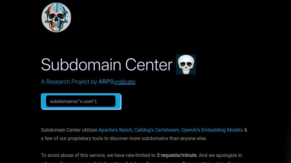 Screenshot of subdomain.center: Subdomain.center – discover all subdomains for a domain
