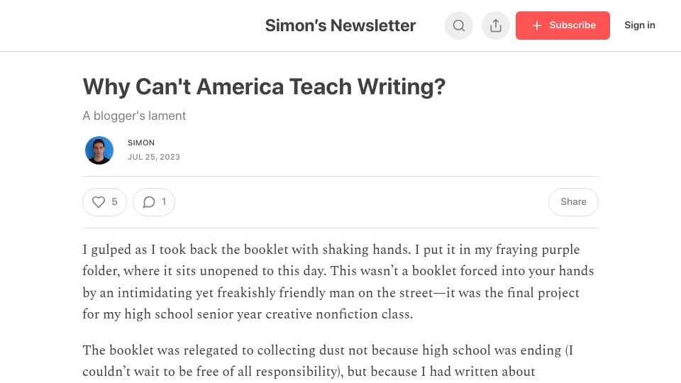 Screenshot of simonberens.com: Why can't America teach writing?
