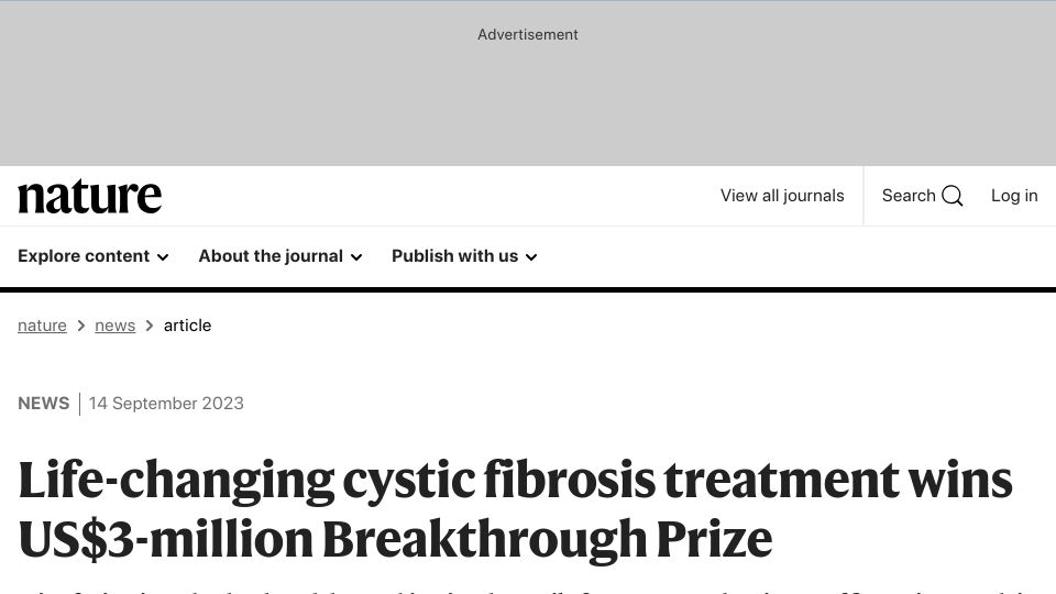 Screenshot of nature.com: Cystic fibrosis treatment wins Breakthrough Prize