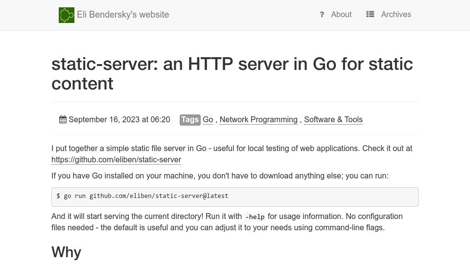 Screenshot of eli.thegreenplace.net: static-server: an HTTP server in Go for static content