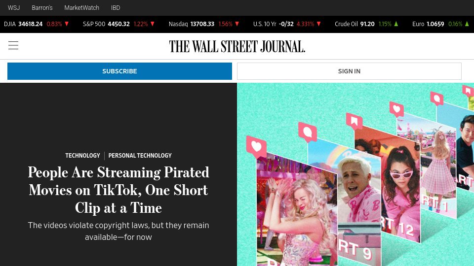 Screenshot of wsj.com: People Are Streaming Pirated Movies on TikTok, One Short Clip at a Time