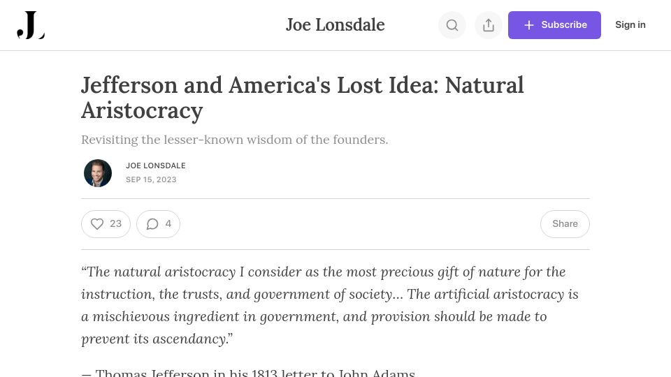 Screenshot of blog.joelonsdale.com: Jefferson and America's Lost Idea: Natural Aristocracy