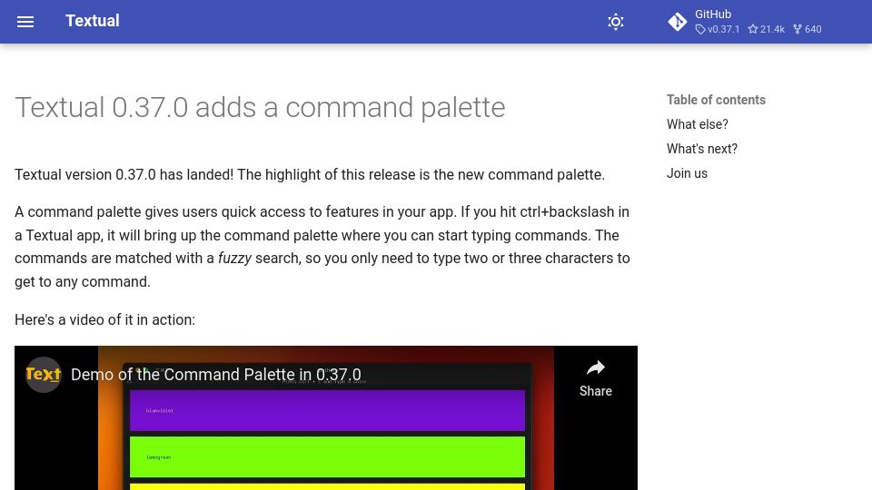 Screenshot of textual.textualize.io: Textual Adds a Command Palette