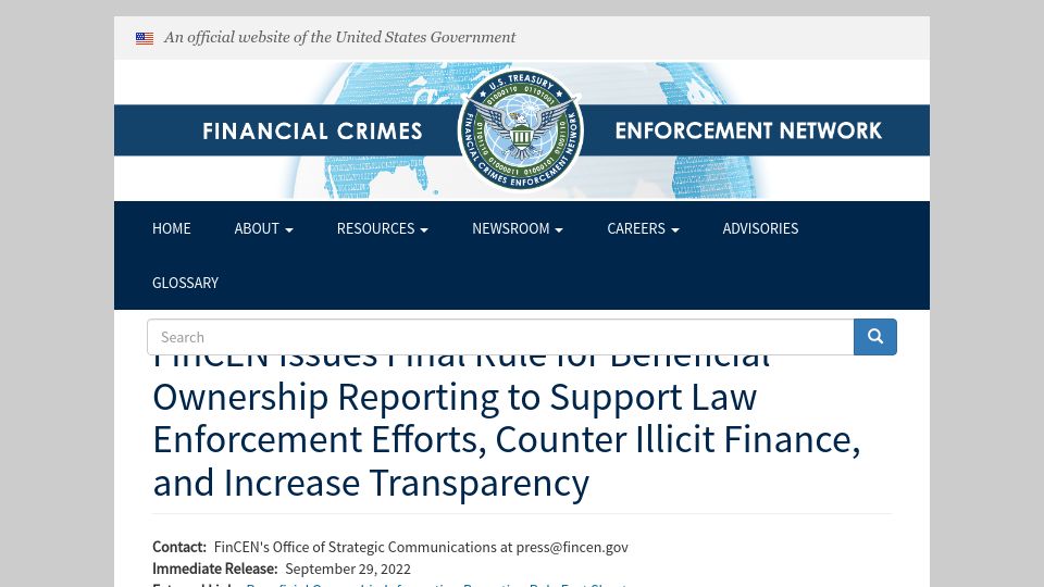 Screenshot of fincen.gov: Rule for Beneficial Ownership Reporting (2022)