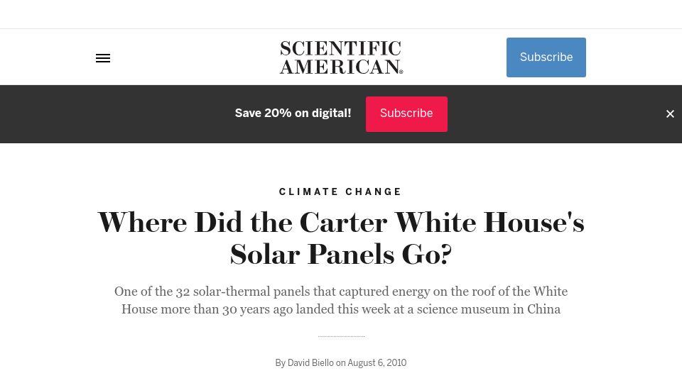 Screenshot of scientificamerican.com: Where did the Carter White House's solar panels go? (2010)
