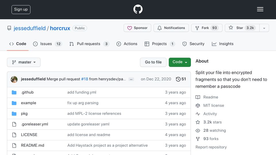Screenshot of github.com: Horcrux: Split your file into encrypted fragments
