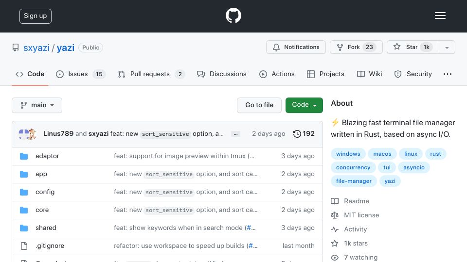Screenshot of github.com: Yazi: Fast terminal file manager based on async I/O