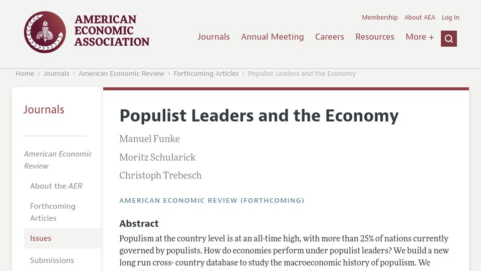 Screenshot of aeaweb.org: The Economic Cost of Populism