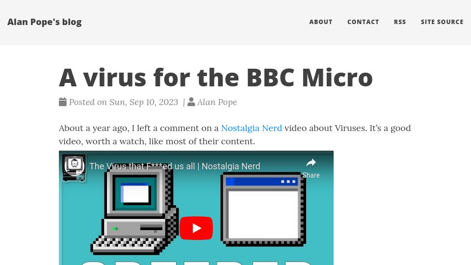 Screenshot of popey.com: A Virus for the BBC Micro