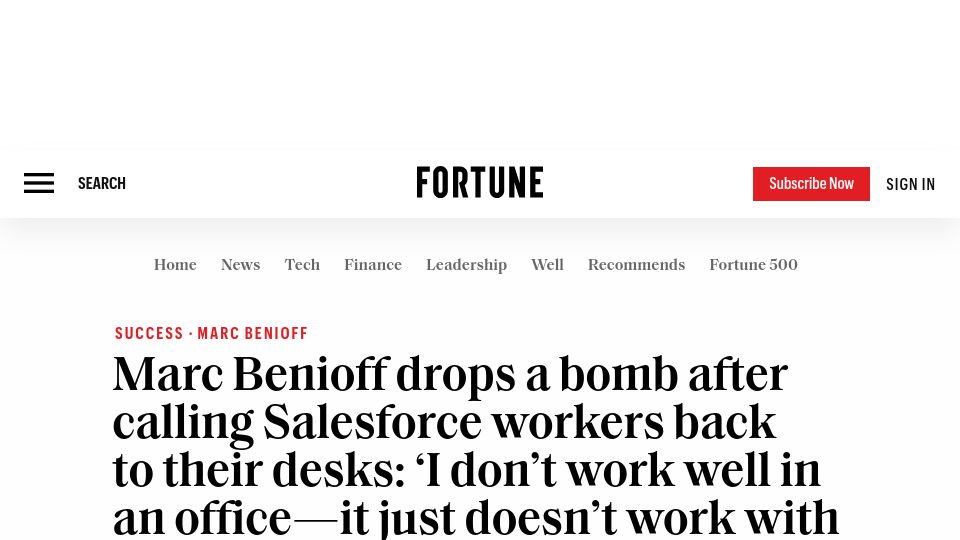Screenshot of fortune.com: Salesforce CEO goes back to being remote