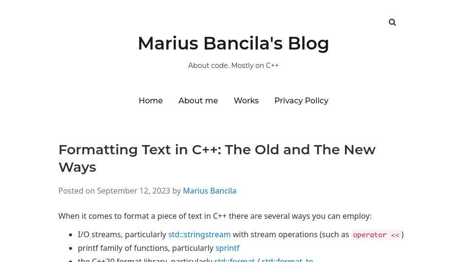 Screenshot of mariusbancila.ro: Formatting text in C++: Old and new ways