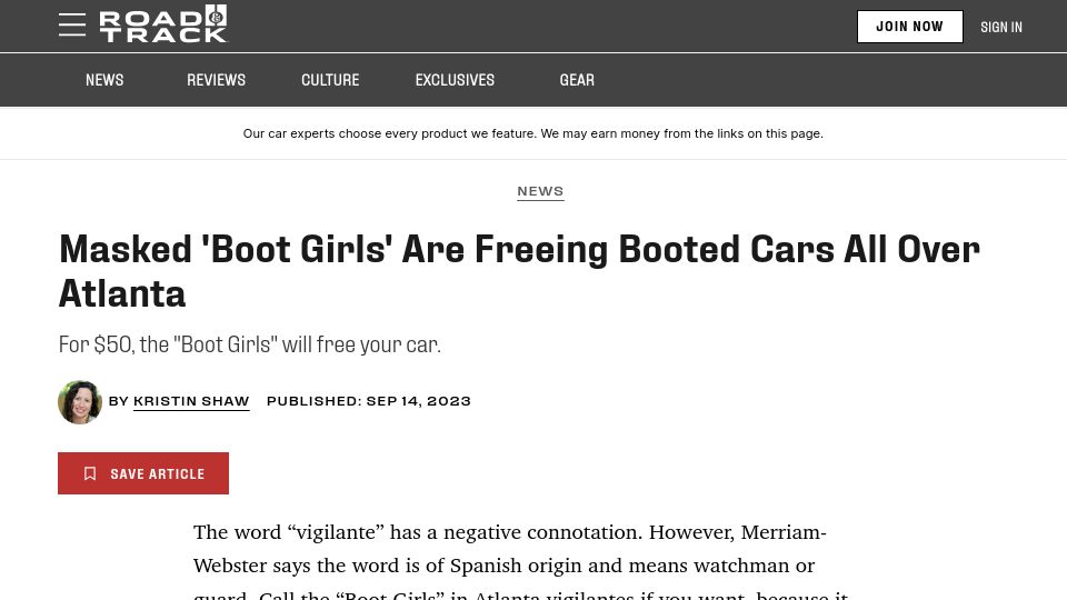 Screenshot of roadandtrack.com: Masked 'boot girls' are freeing booted cars in Atlanta