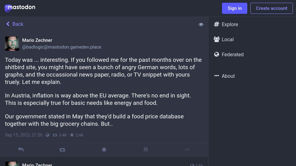 Screenshot of mastodon.gamedev.place: Tracking Austrian grocery prices by scraping store sites