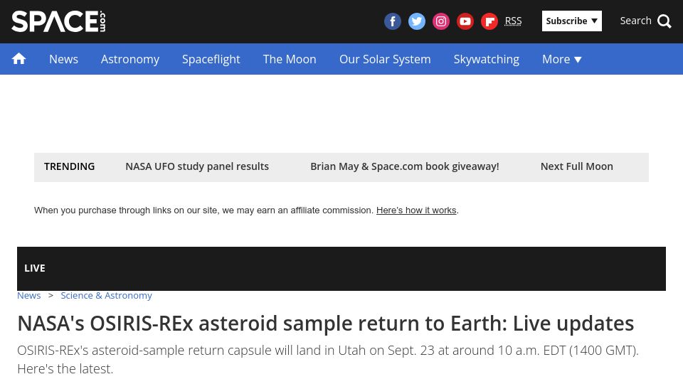 Screenshot of space.com: NASA's OSIRIS-REx asteroid sample return to Earth: Live updates