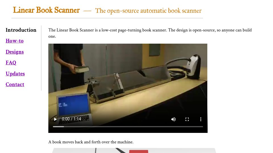 Screenshot of linearbookscanner.org: Linear Book Scanner – Open-source automatic book scanner (2014)