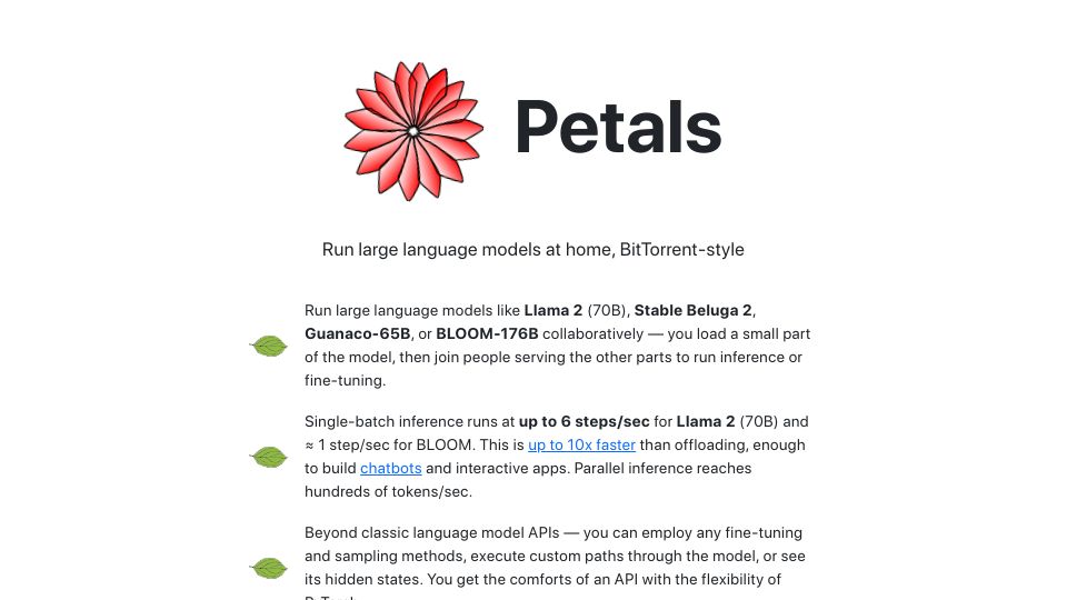 Screenshot of petals.dev: Run LLMs at home, BitTorrent‑style