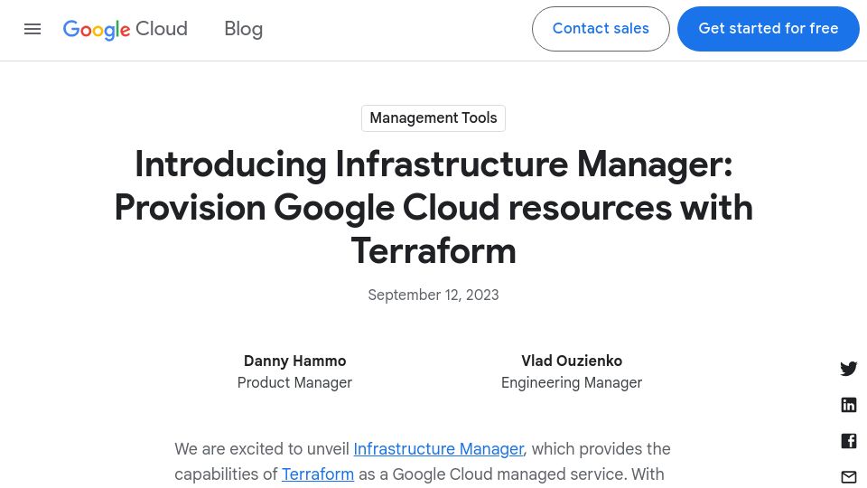 Screenshot of cloud.google.com: Infrastructure Manager: Provision Google Cloud Resources with Terraform