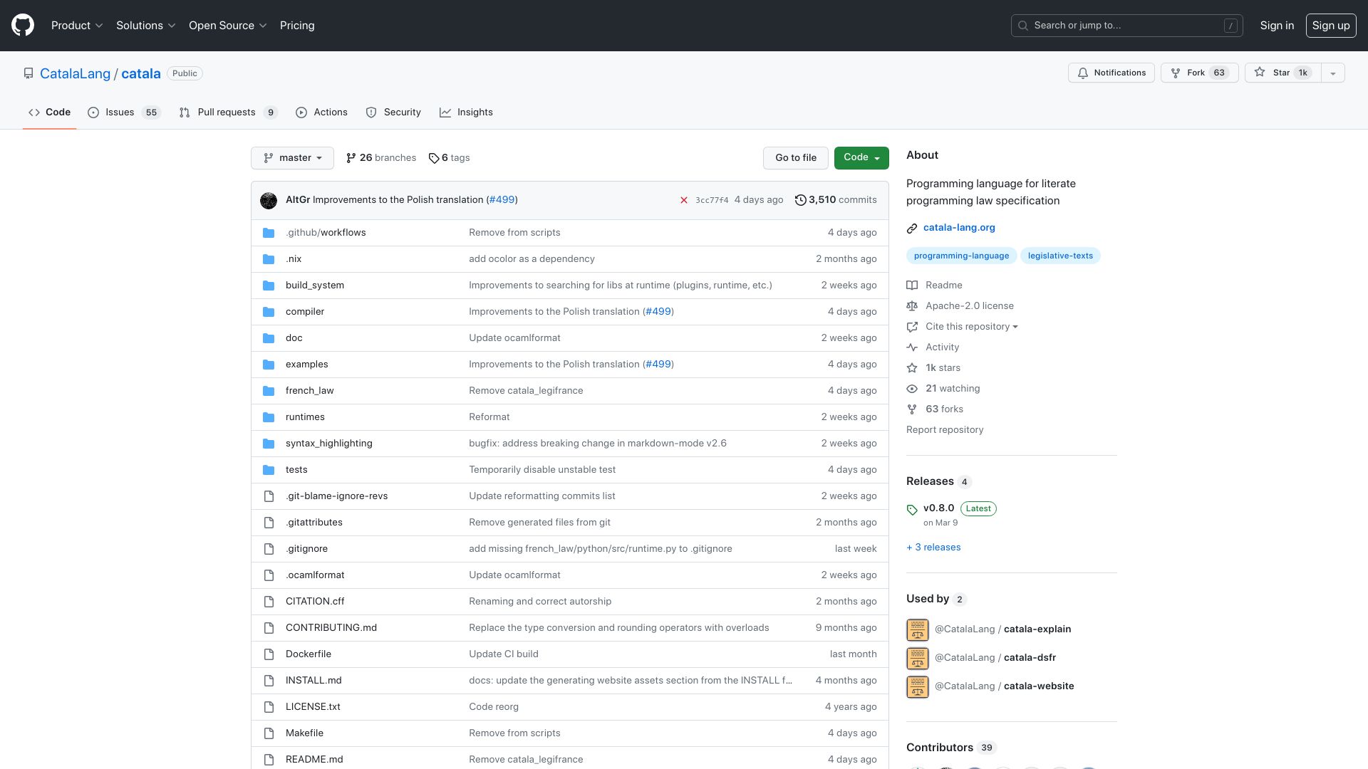 Screenshot of github.com: CatalaLang/catala: Programming language for law specification