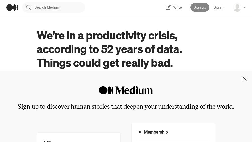 Screenshot of medium.com: We’re in a productivity crisis, according to 52 years of data