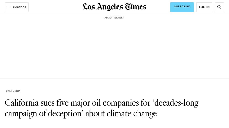 Screenshot of latimes.com: California sues 5 major oil co's for campaign of deception about climate change