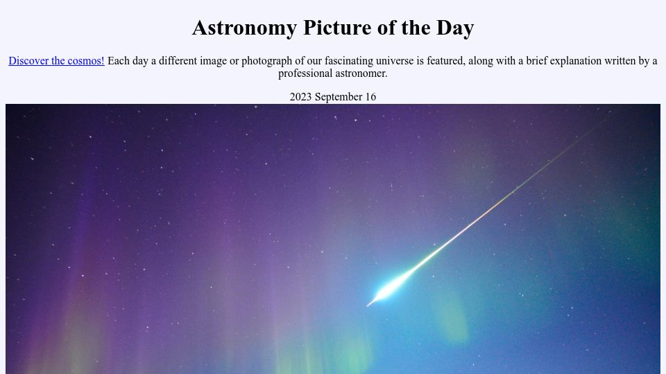 Screenshot of apod.nasa.gov: Fireball over Iceland
