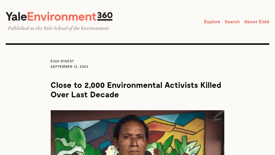 Screenshot of e360.yale.edu: Close to 2k environmental activists killed over last decade