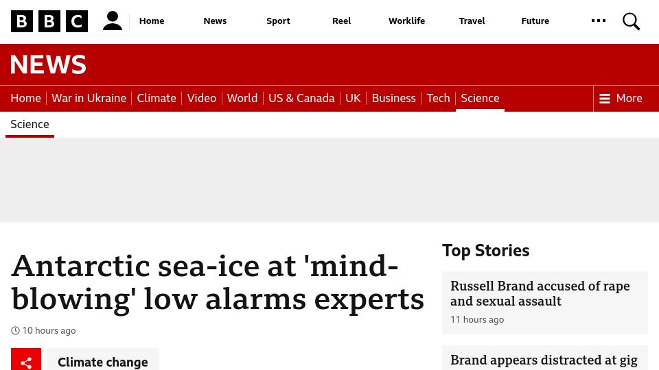 Screenshot of bbc.co.uk: Antarctic sea-ice at 'mind-blowing' low alarms experts