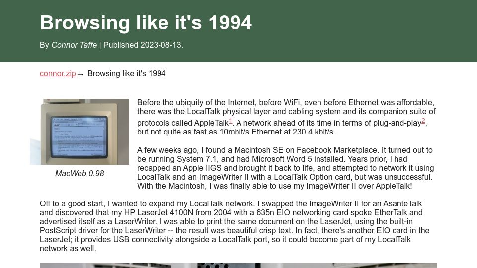 Screenshot of connor.zip: Browsing like it's 1994: Integrating a Mac SE, ImageWriter II into a modern LAN