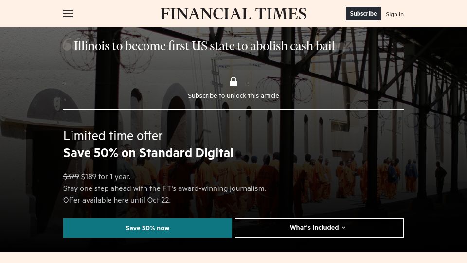 Screenshot of ft.com: Illinois to become first US state to abolish cash bail