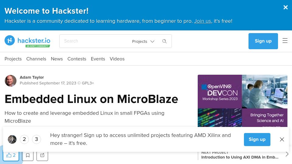 Screenshot of hackster.io: Running Linux on Xilinx / AMD FPGA Softcore Example Design