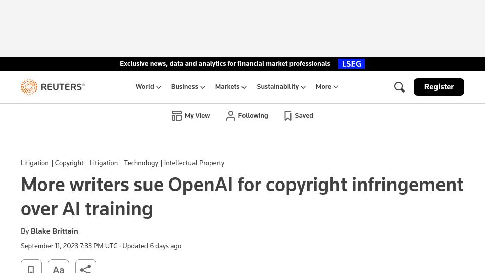 Screenshot of reuters.com: More writers sue OpenAI for copyright infringement over AI training