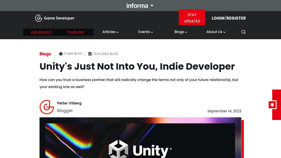 Screenshot of gamedeveloper.com: Unity's Just Not into You, Indie Developer