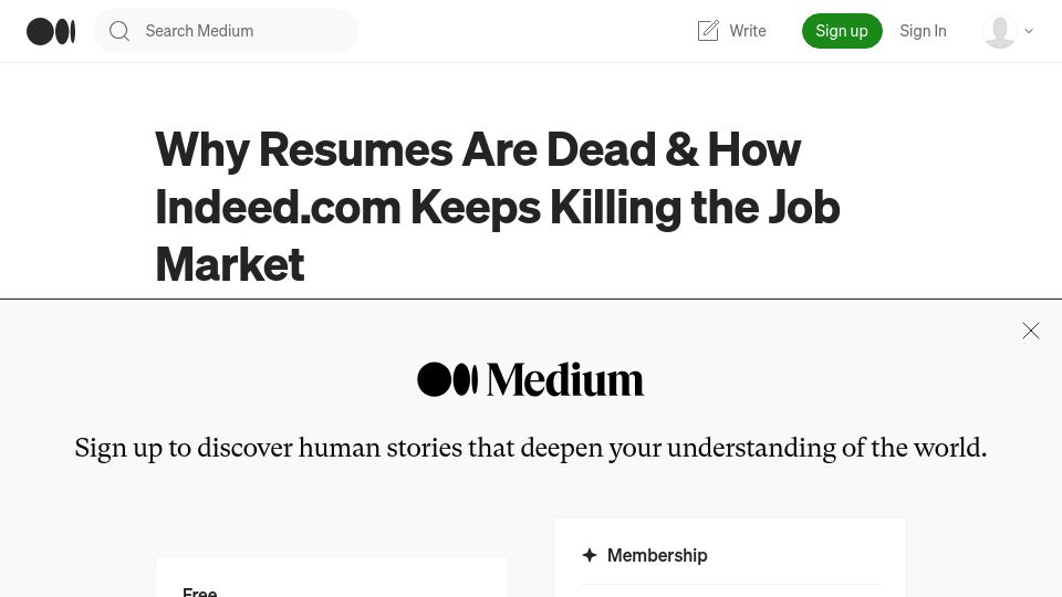 Screenshot of paulfuhr.medium.com: Why Resumes Are Dead and How Indeed.com Keeps Killing the Job Market