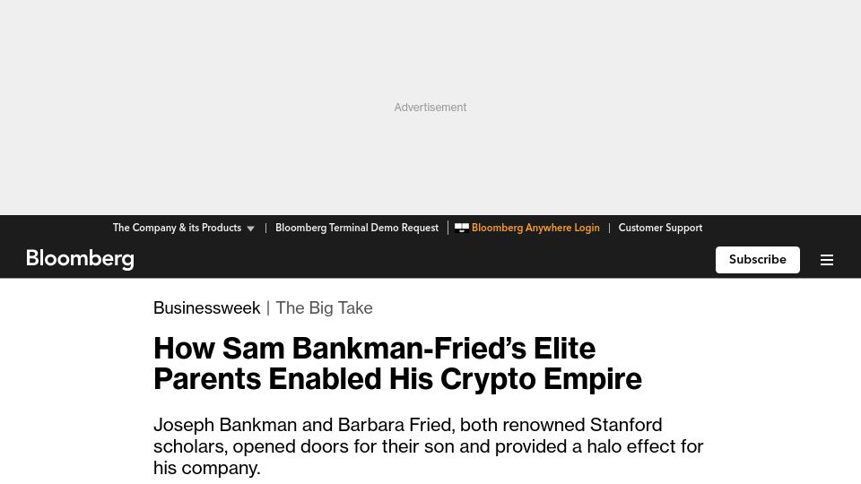 Screenshot of bloomberg.com: Sam Bankman-Fried’s Elite Parents Enabled His Crypto Empire