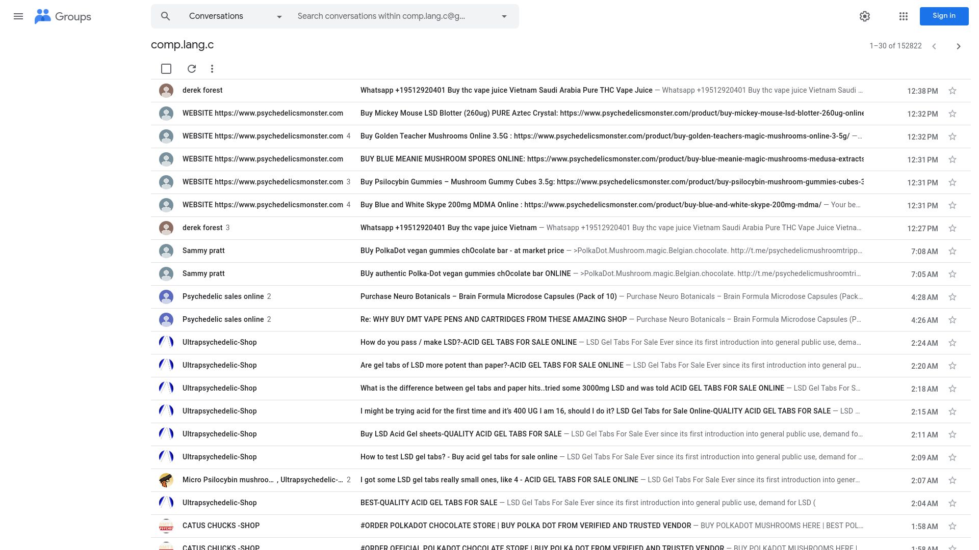 Screenshot of groups.google.com: Comp.lang.c is now full of spam