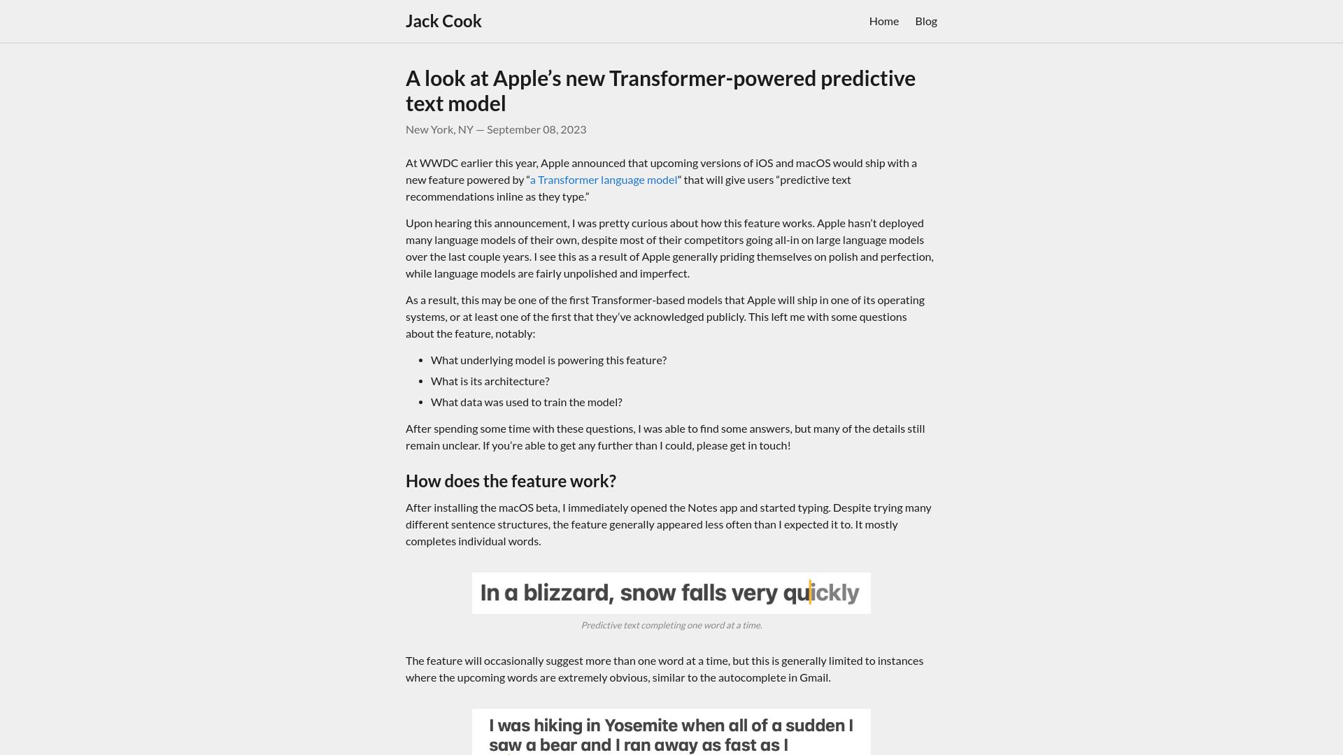Screenshot of jackcook.com: Apple’s new Transformer-powered predictive text model