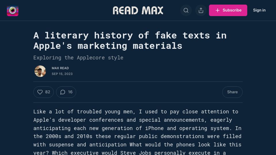 Screenshot of maxread.substack.com: A literary history of fake texts in Apple's marketing materials
