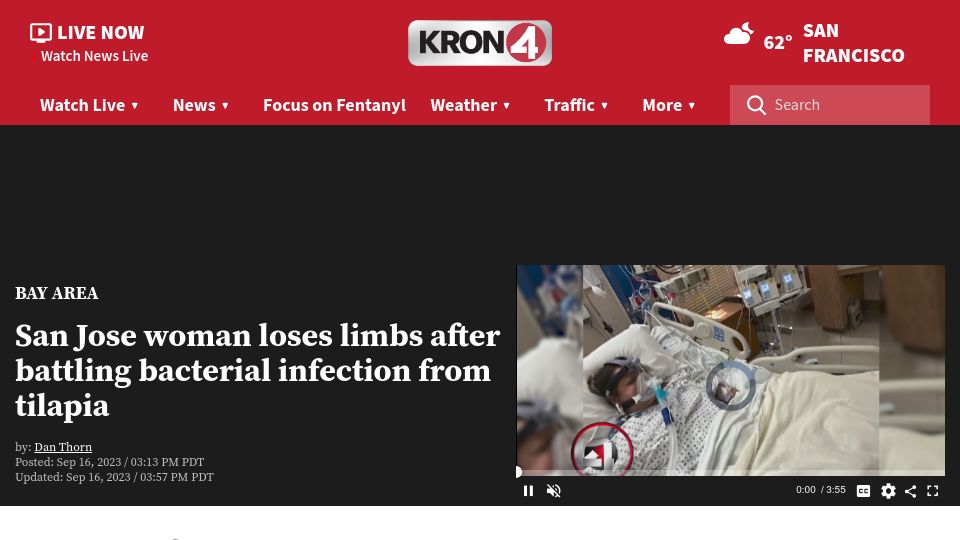 Screenshot of kron4.com: California woman loses limbs after battling bacterial infection from tilapia