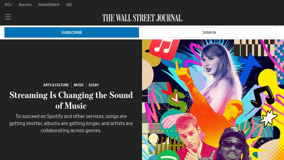 Screenshot of wsj.com: Streaming is changing the sound of music